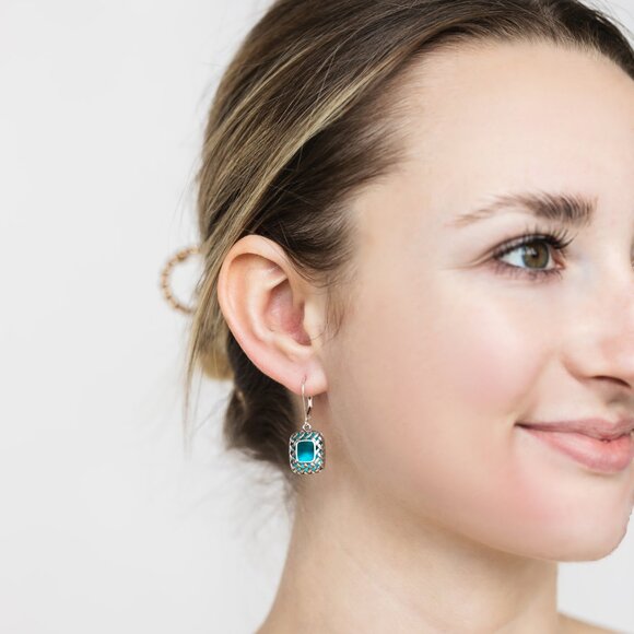 Recycled Vintage Mason Jar Vintage Quilted Square Lever Back Earrings - Picture 5 of 6